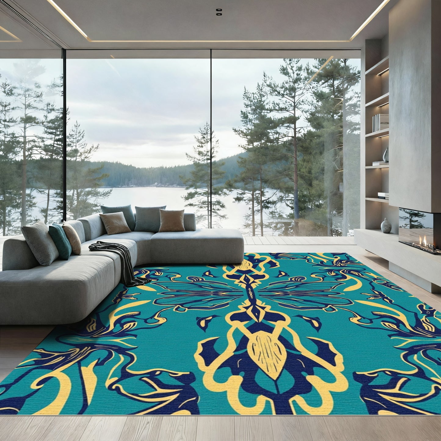 Teal Blue Yellow Dragonfly Damask Rug