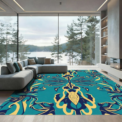 Teal Blue Yellow Dragonfly Damask Rug