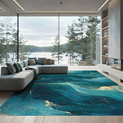 Layered Teal Gold Waves Rug