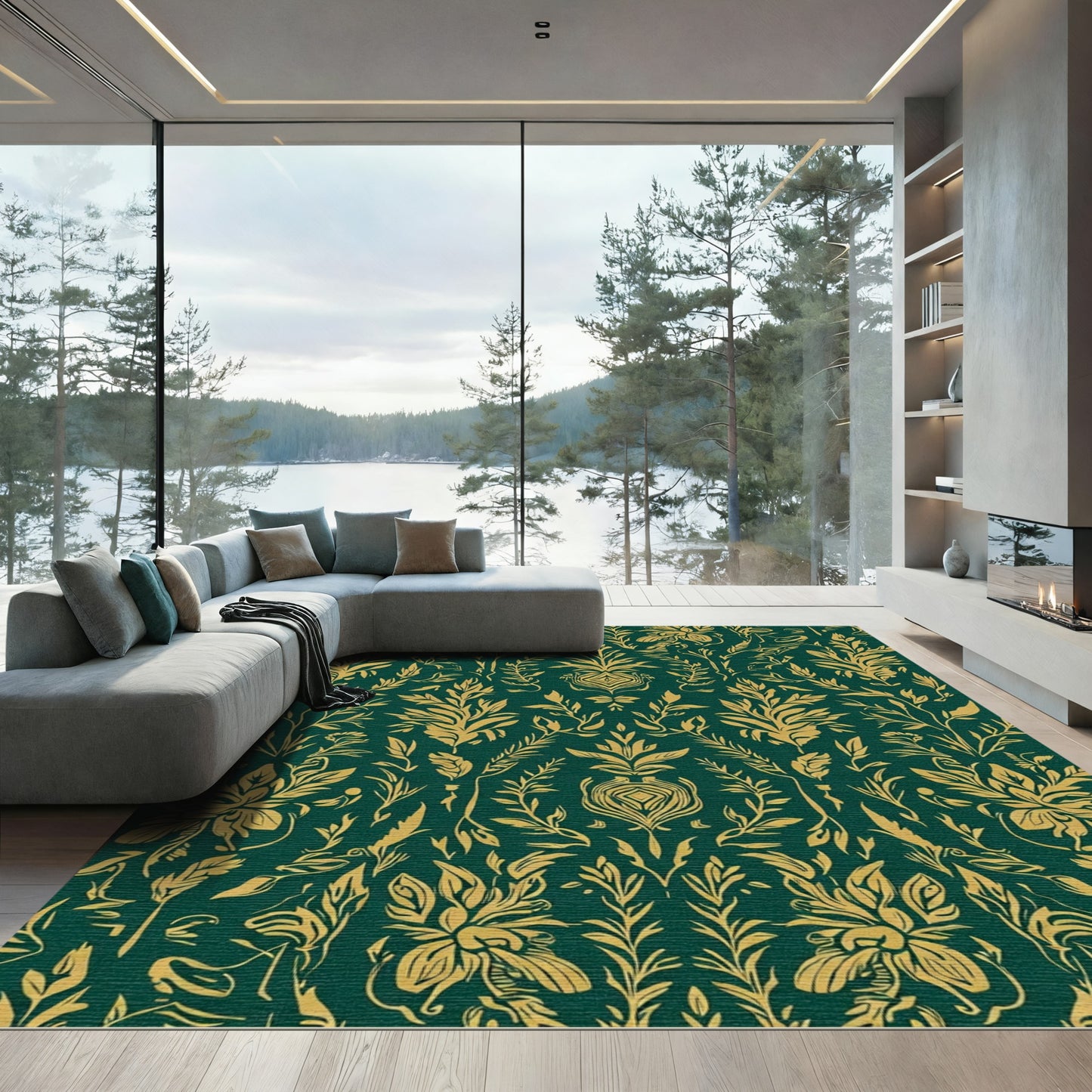 Emerald Gold Botanical Floral Arrangement Rug
