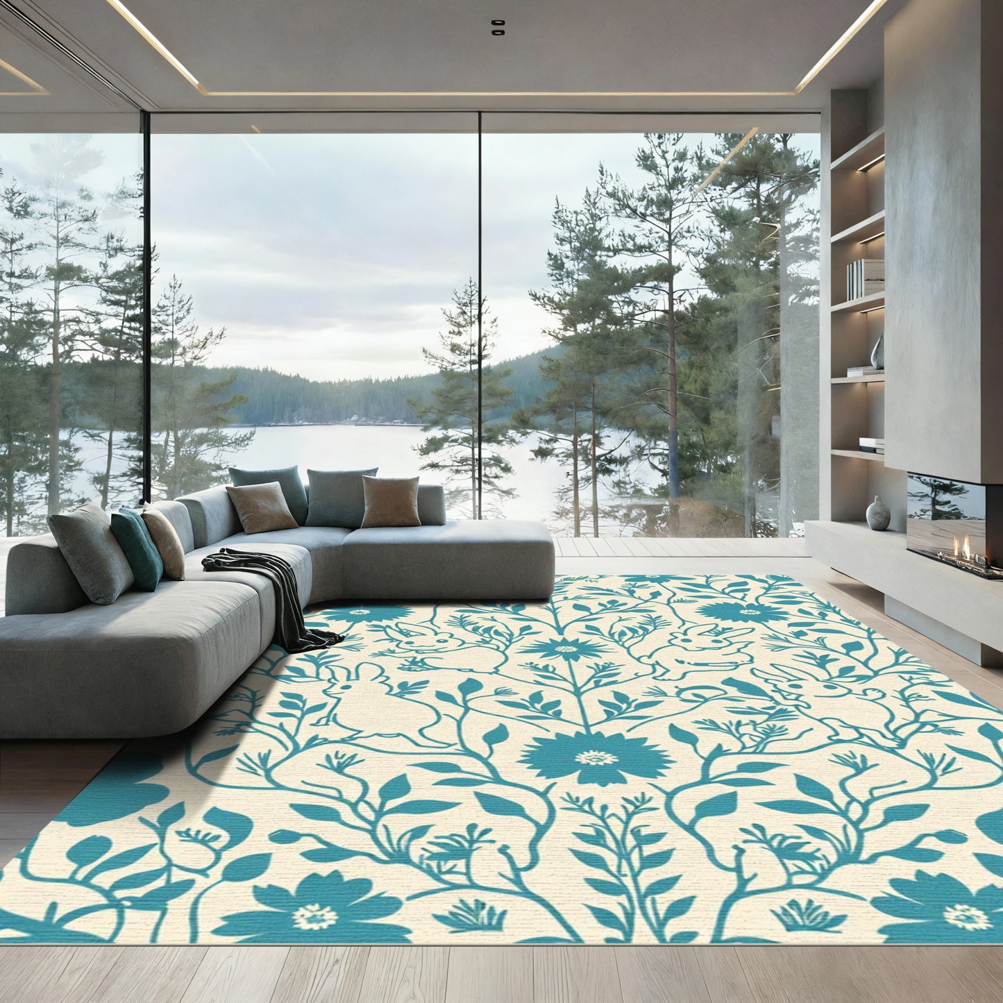 Coastal Blue Whimsical Bunny Floral Rug