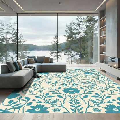 Coastal Blue Whimsical Bunny Floral Rug