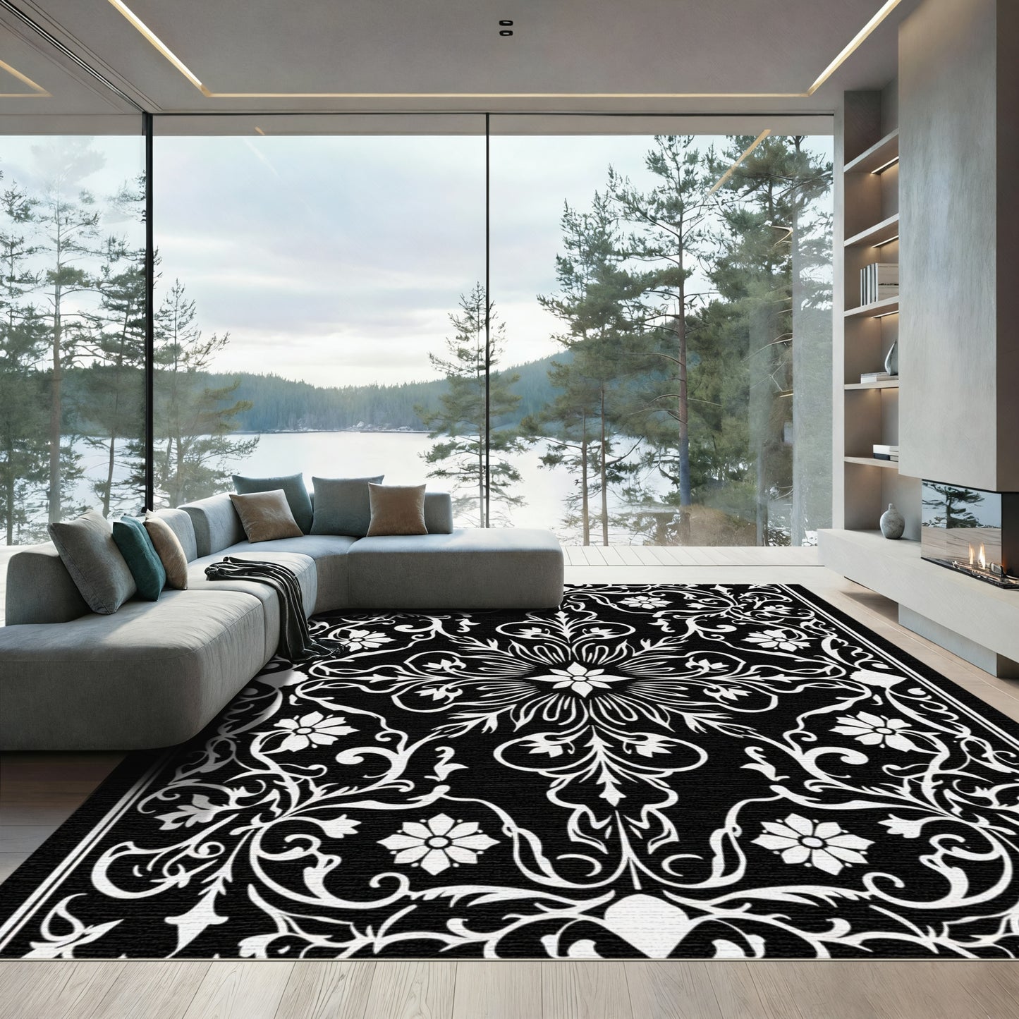 Elegant Black White Floral Scroll Rug