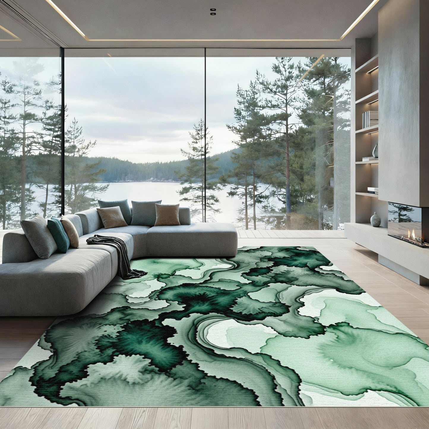 Deep Emerald Abstract Flowing Waves Rug