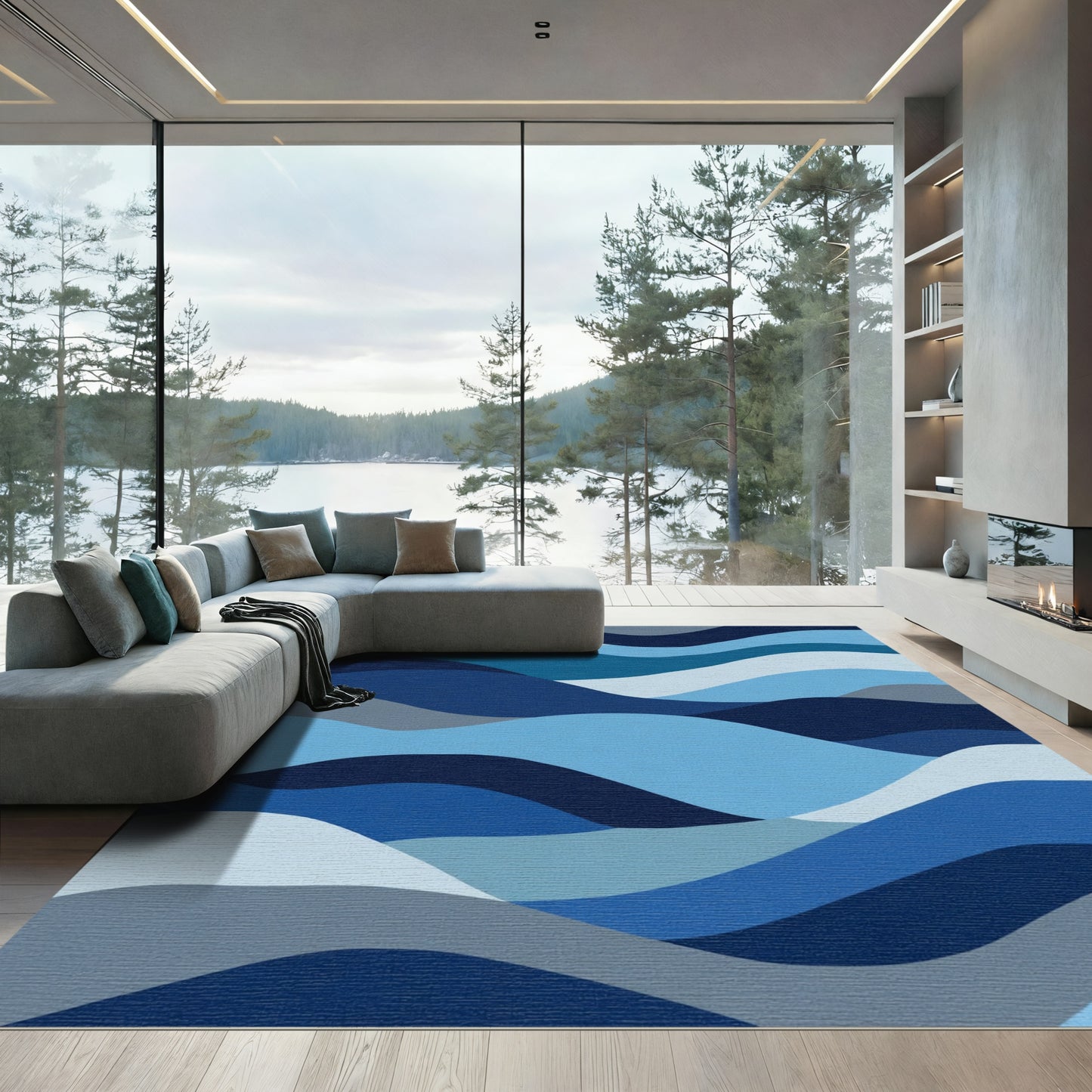 Ocean Blue Wavy Gradient Contemporary Rug