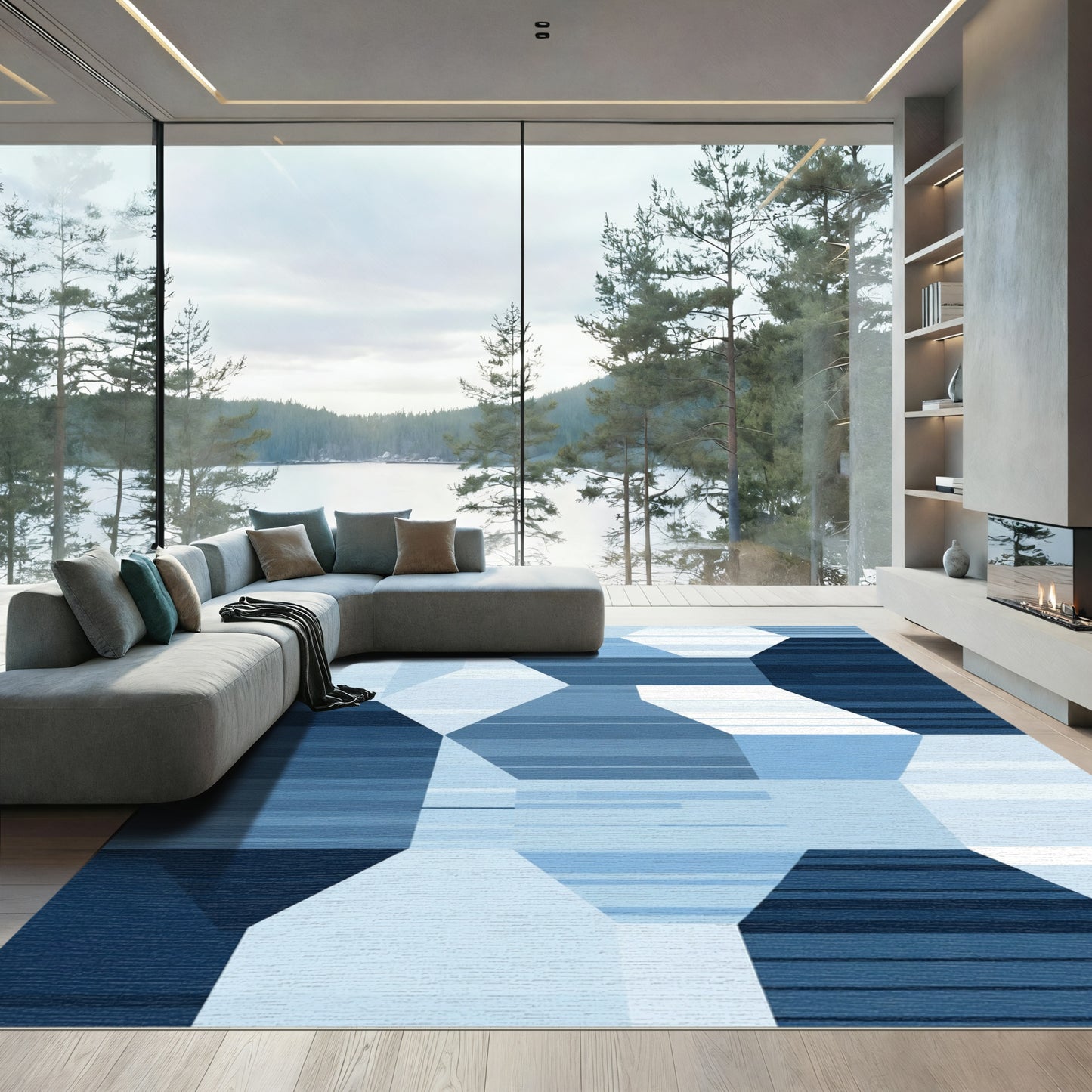 Cool Blue Geometric Hexagon Stripes Rug