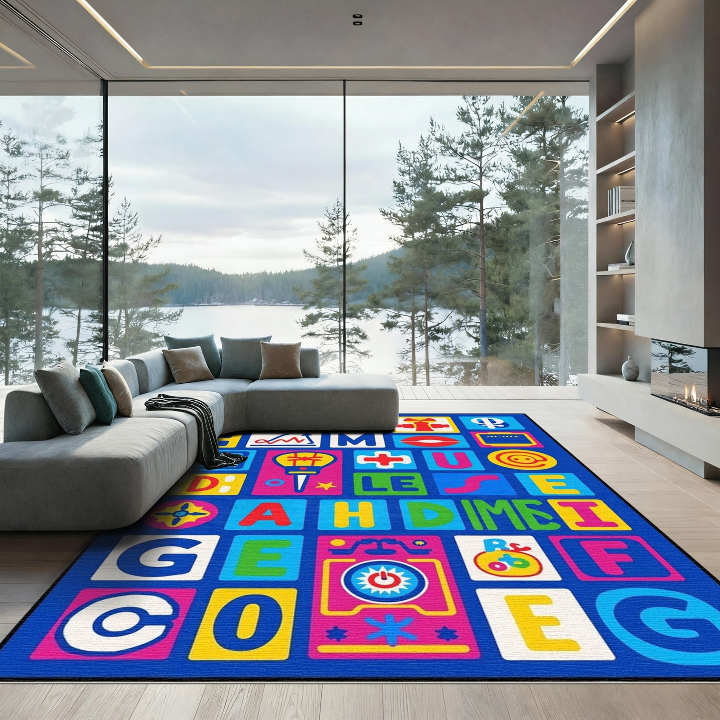 Bright Alphabetic Pop Art Squares Rug