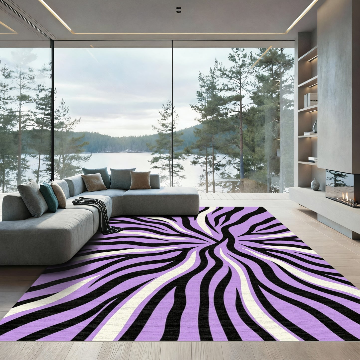 Purple Black White Wavy Stripe Rug