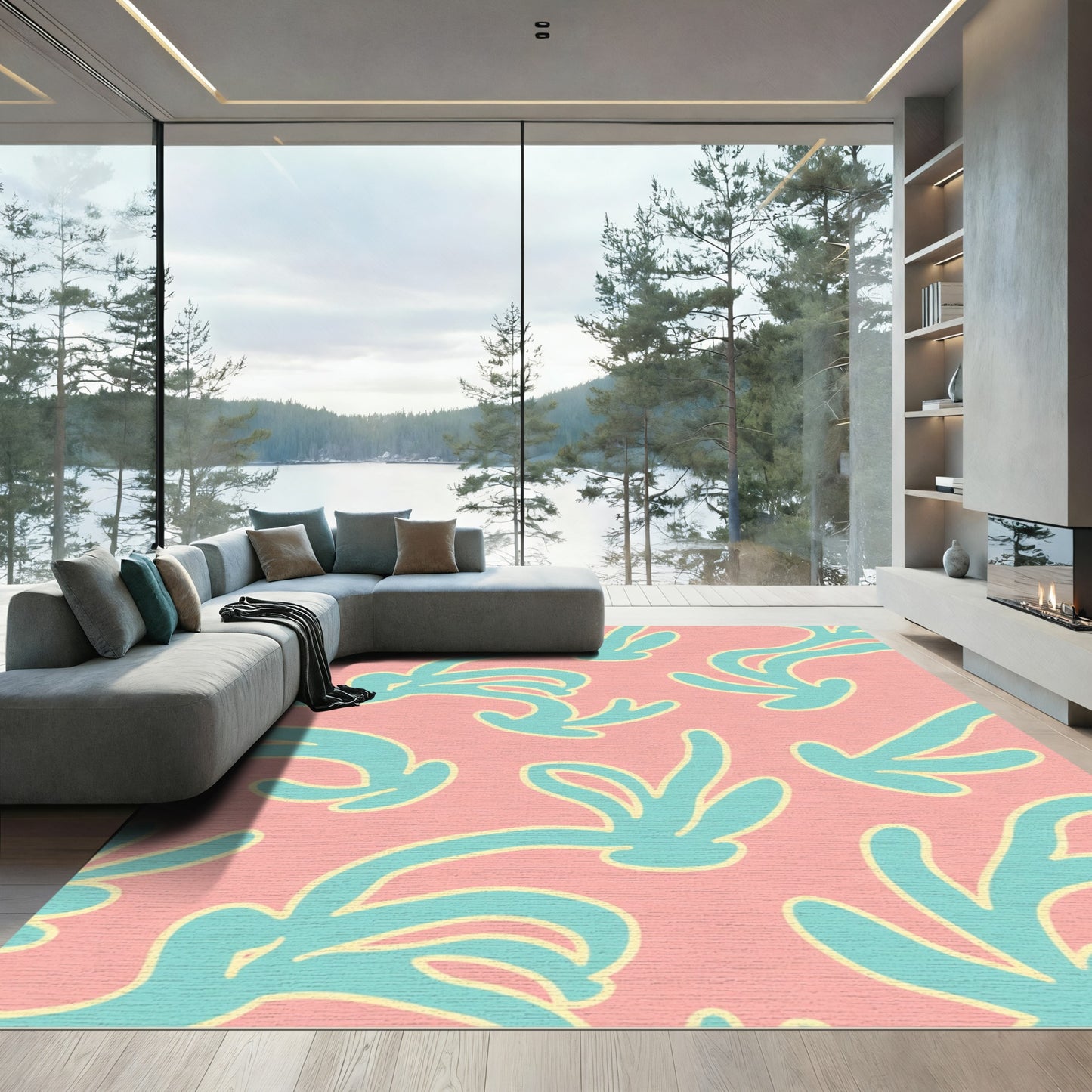 Coral Teal Abstract Organic Swirl Rug