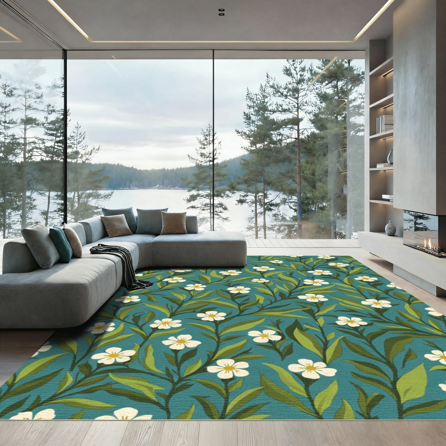 Teal Botanical White Flower Vine Rug