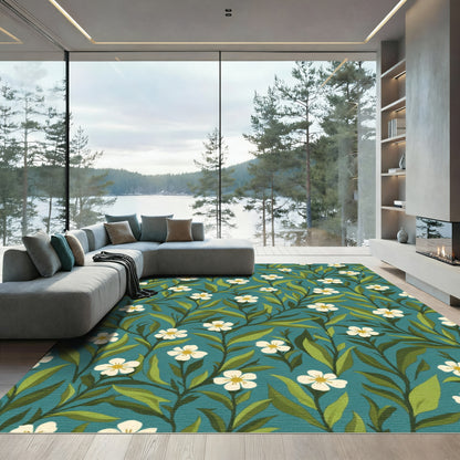 Teal Botanical White Flower Vine Rug