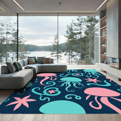 Pink Teal Jellyfish Swirls Ocean Rug