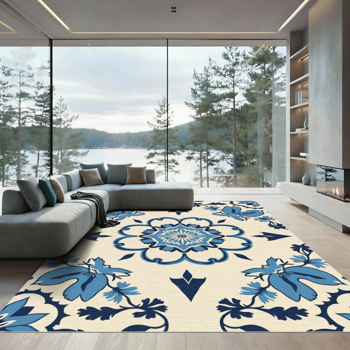 Azure Blue Floral Medallion Relief Rug