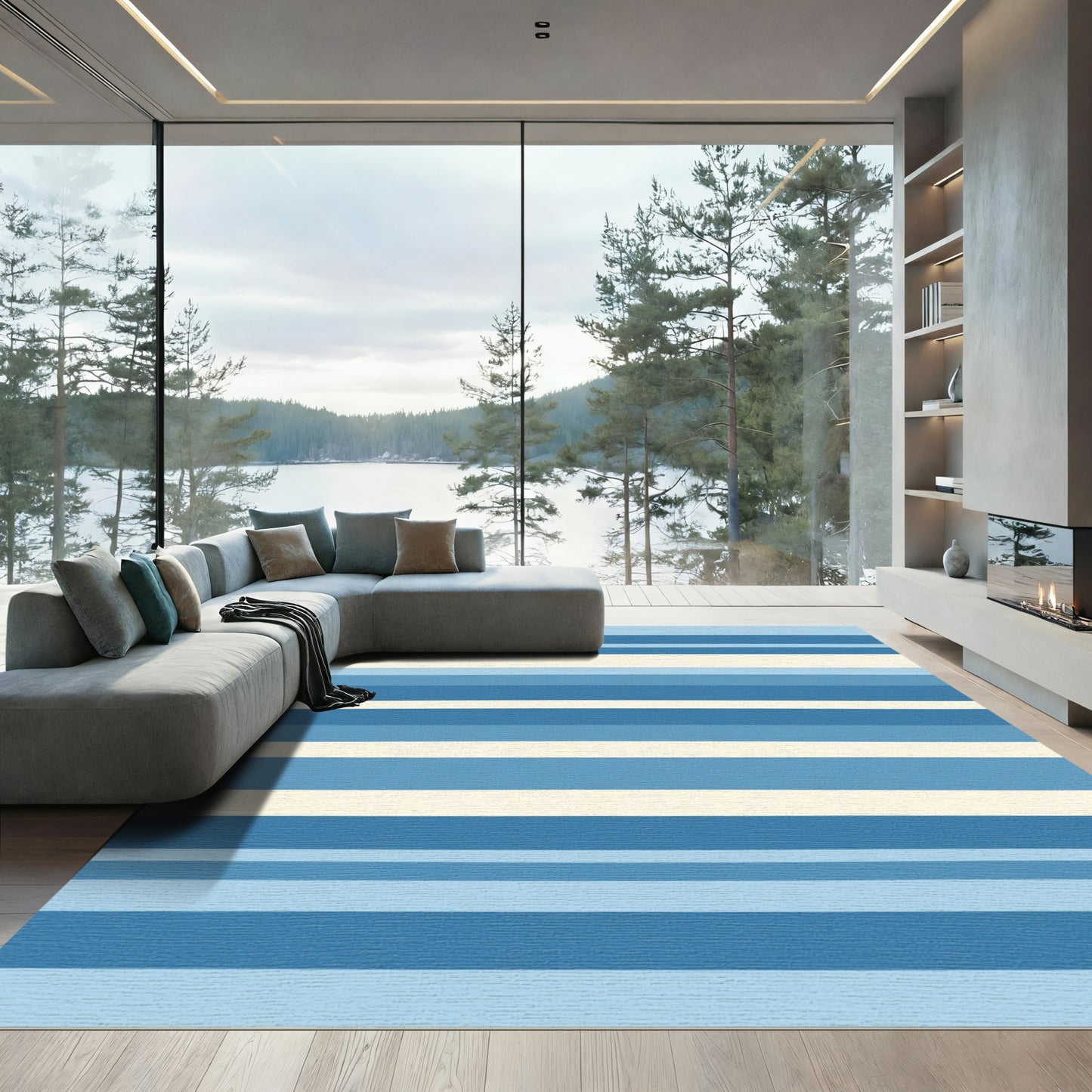 Modern Multi Tone Blue Stripe Rug