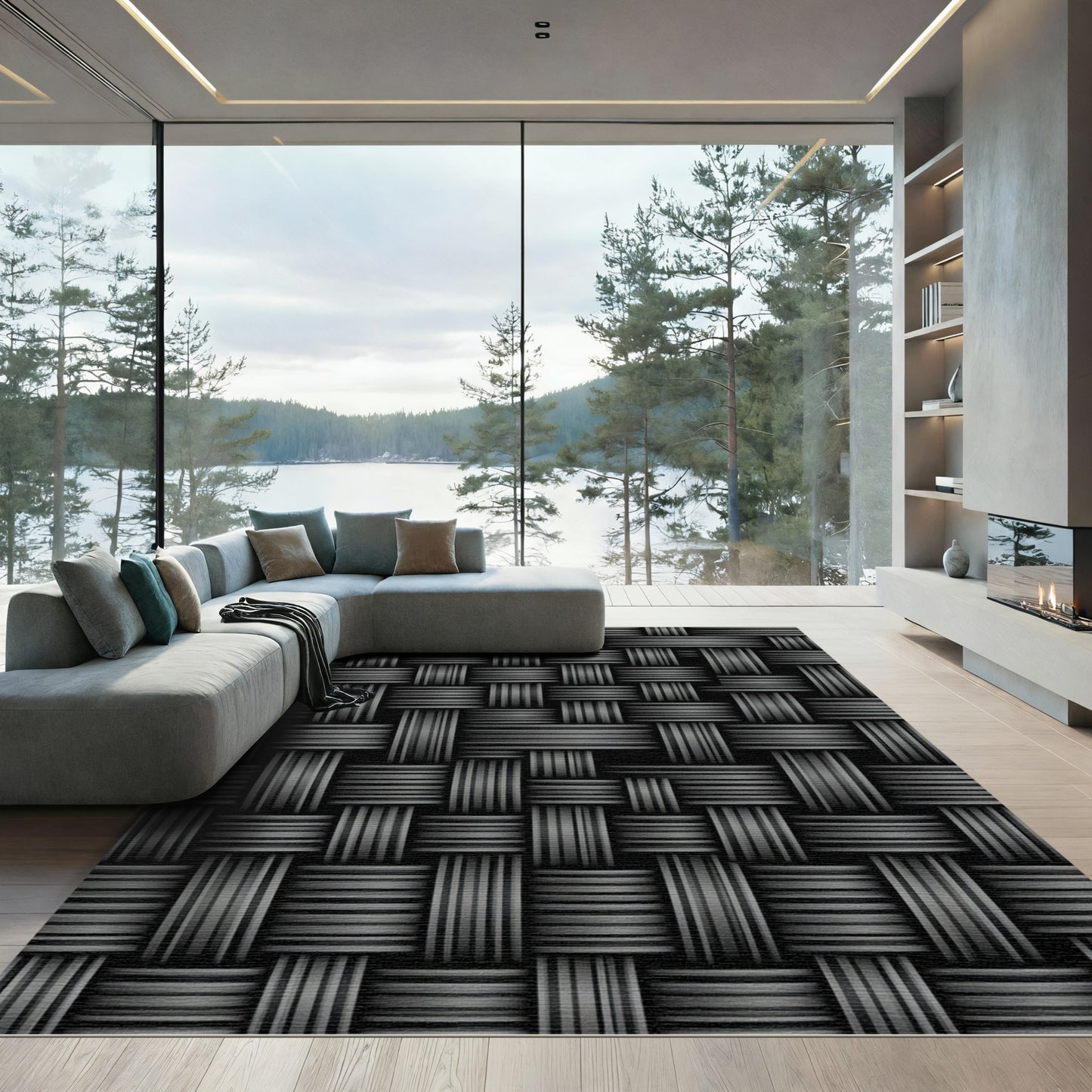 Black Textured Weave Pattern Rug