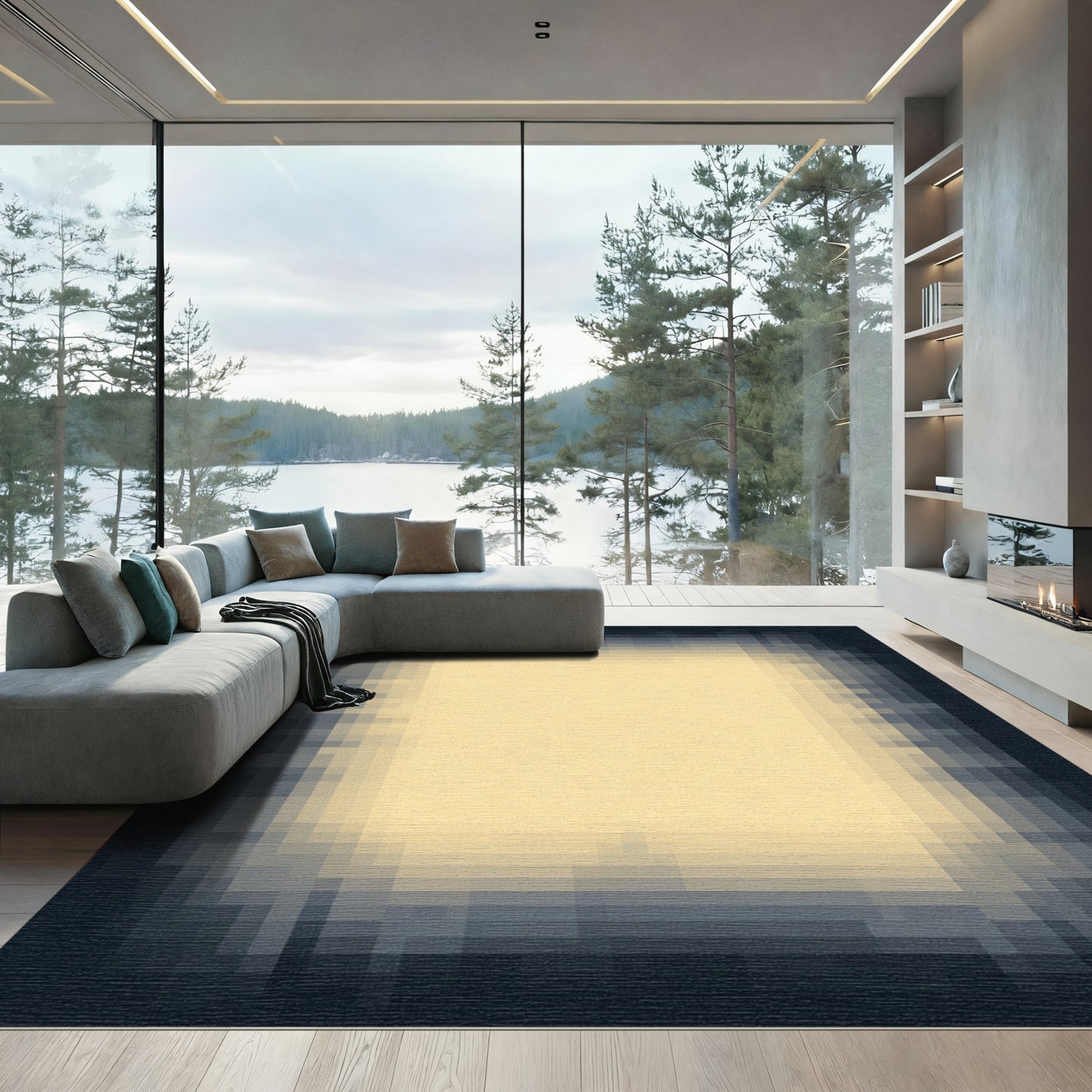 Muted Tan and Navy Pixelated Border Rug
