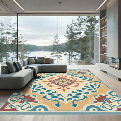 Tan Blue Red Floral Medallion Rug