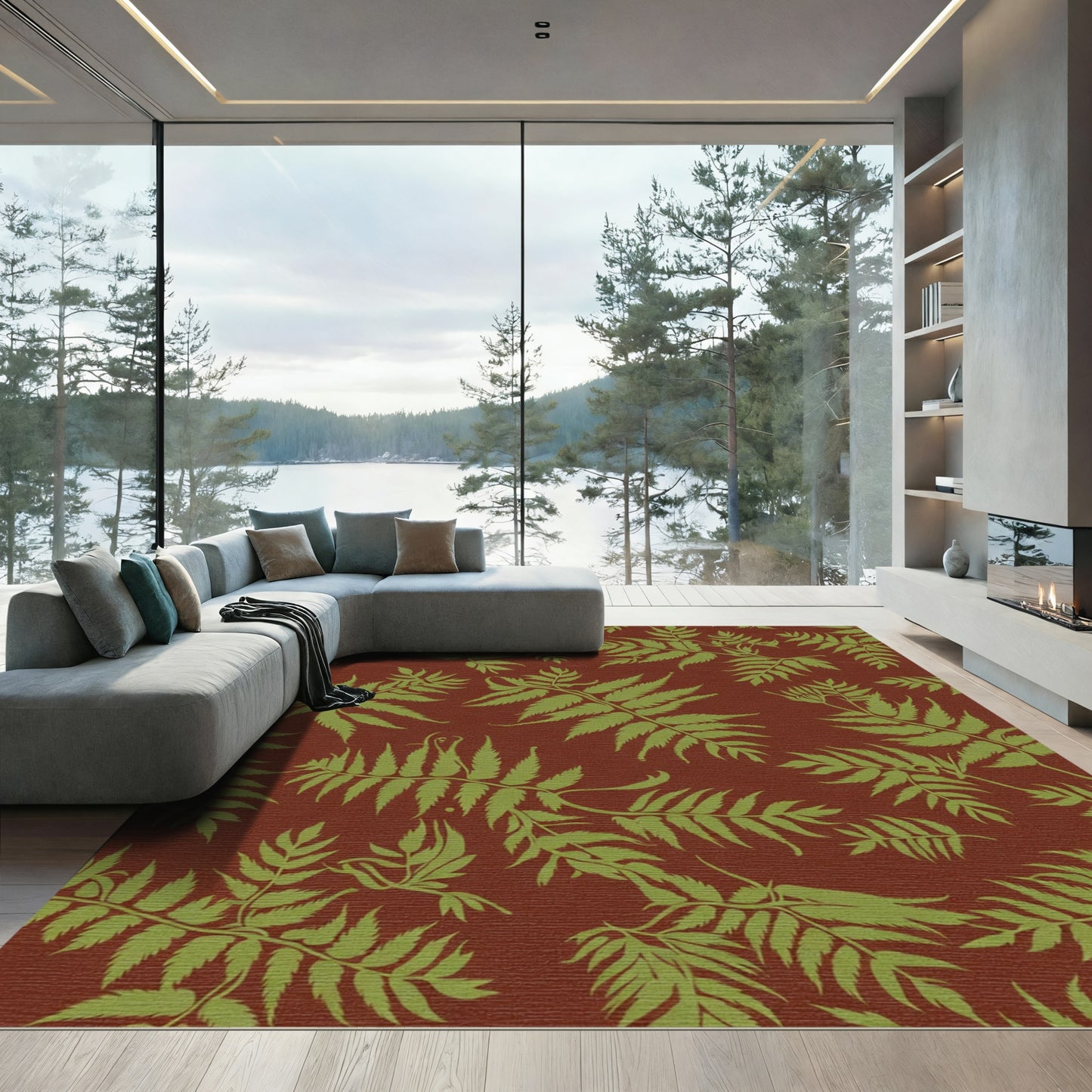 Earthy Terracotta Fern Foliage Rug