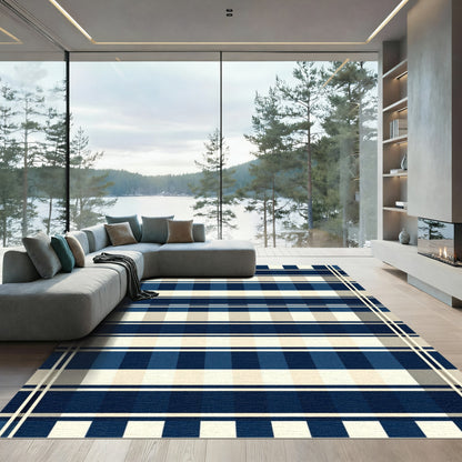Traditional Blue Cream Checkered Stripe Rug