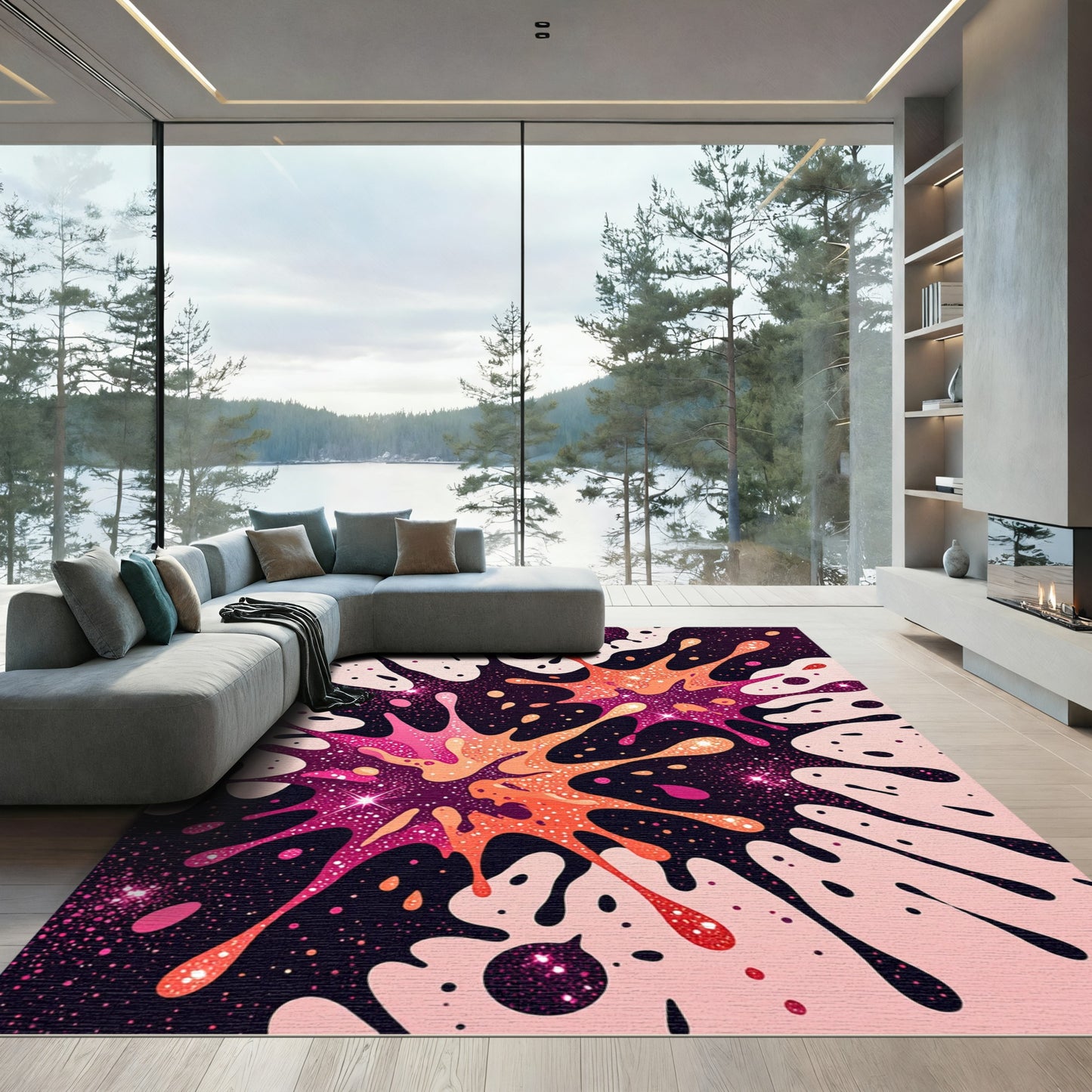 Vibrant Pink Orange Galaxy Splatter Rug