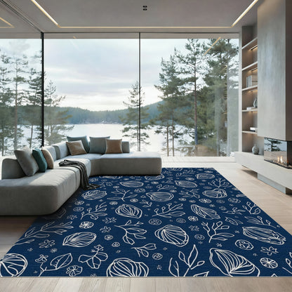Minimalist White Outline Botanical Navy Rug