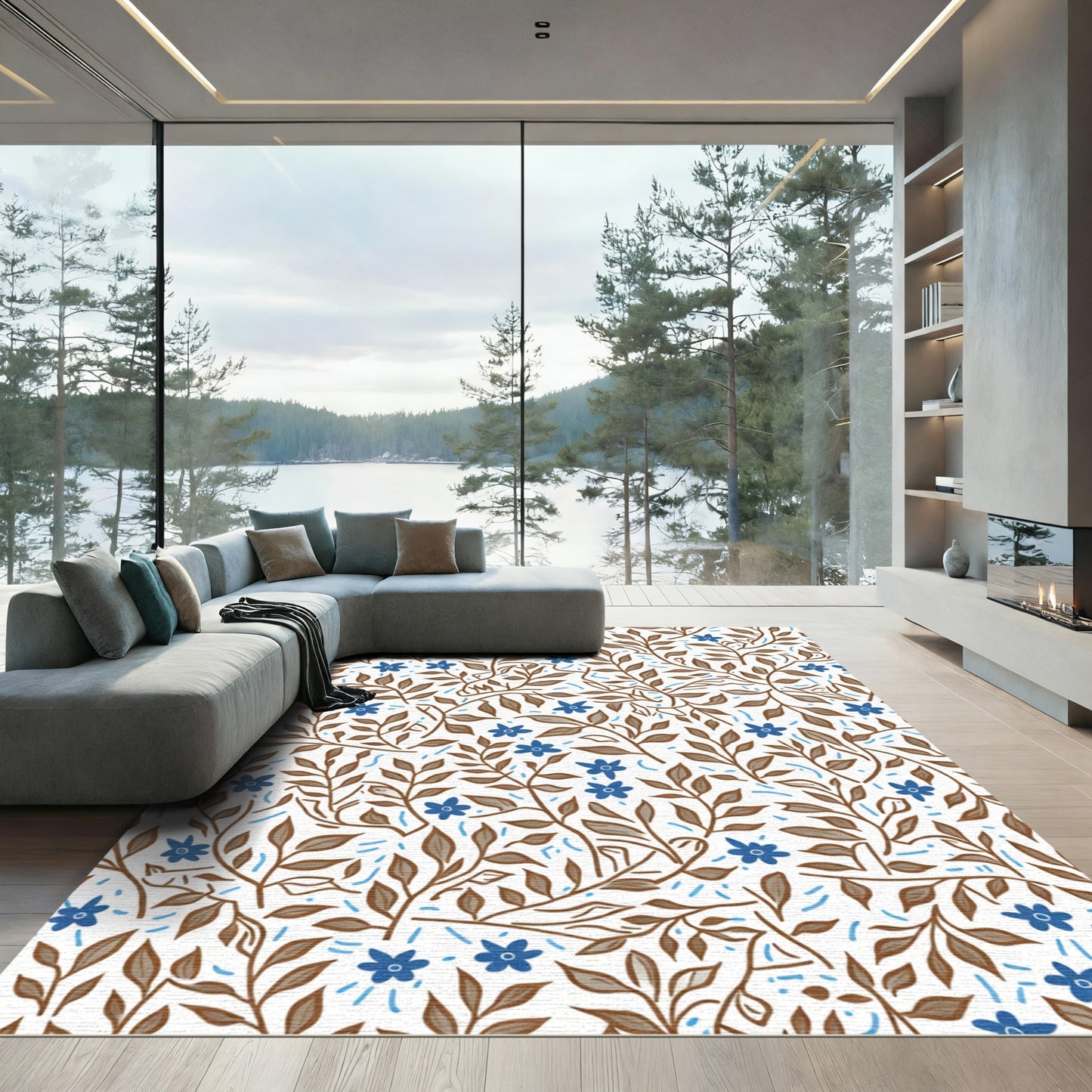 Brown Branch Blue Flower Collage Rug