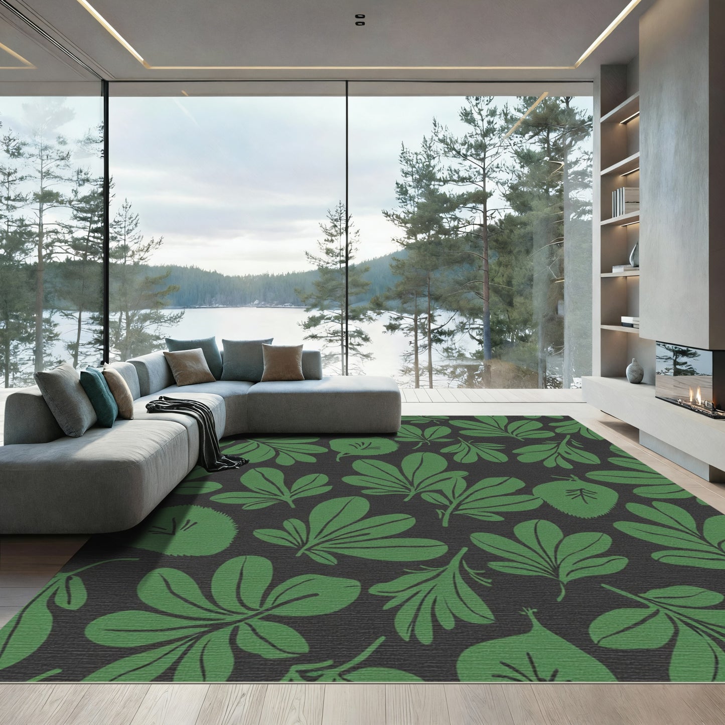 Dark Green Leafy Botanical Arrangement Rug