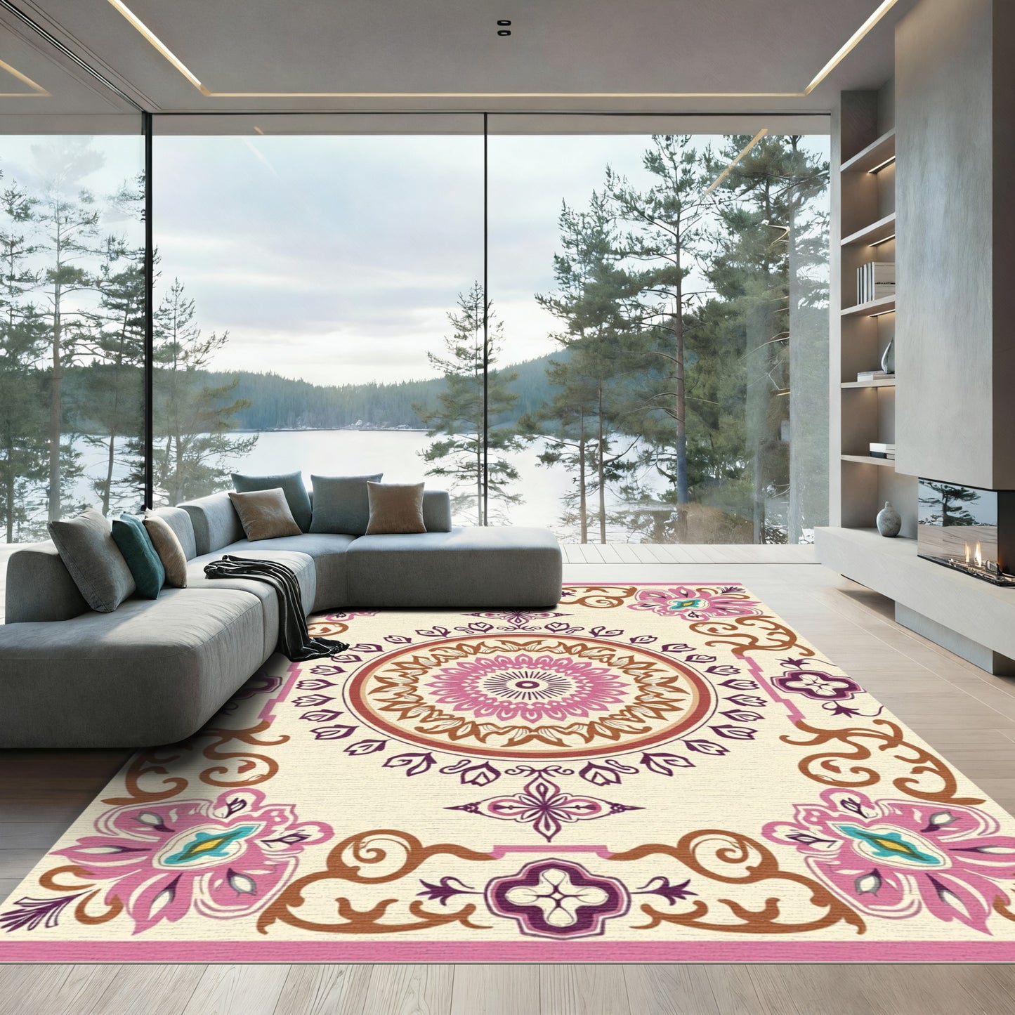 Cream Floral Mandala Medallion Rug