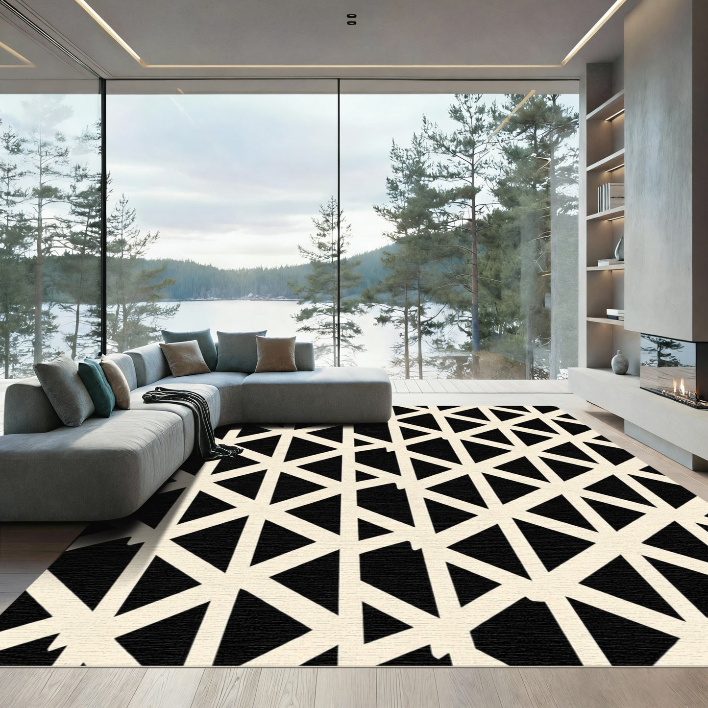 Geometric Cream and Black Triangular Interlock Rug