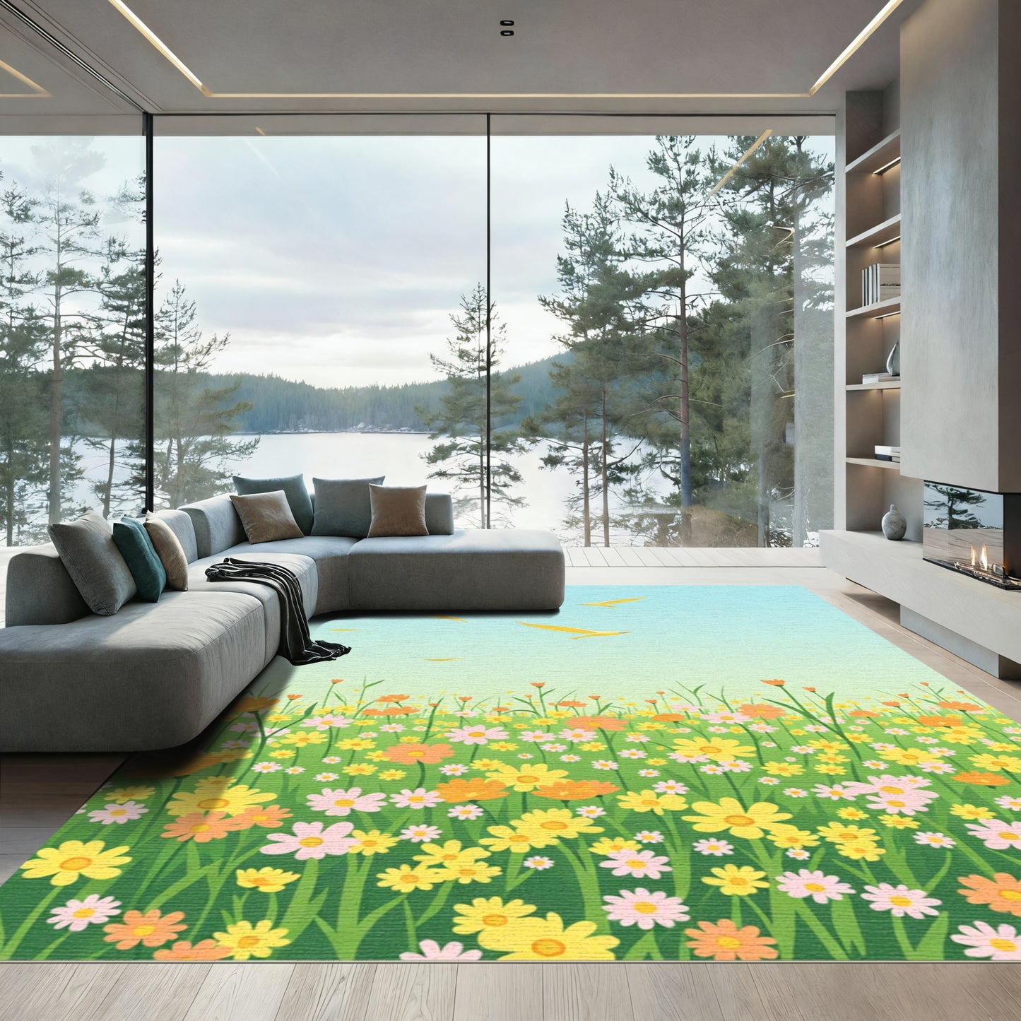 Spring Meadow with Flying Birds Rug