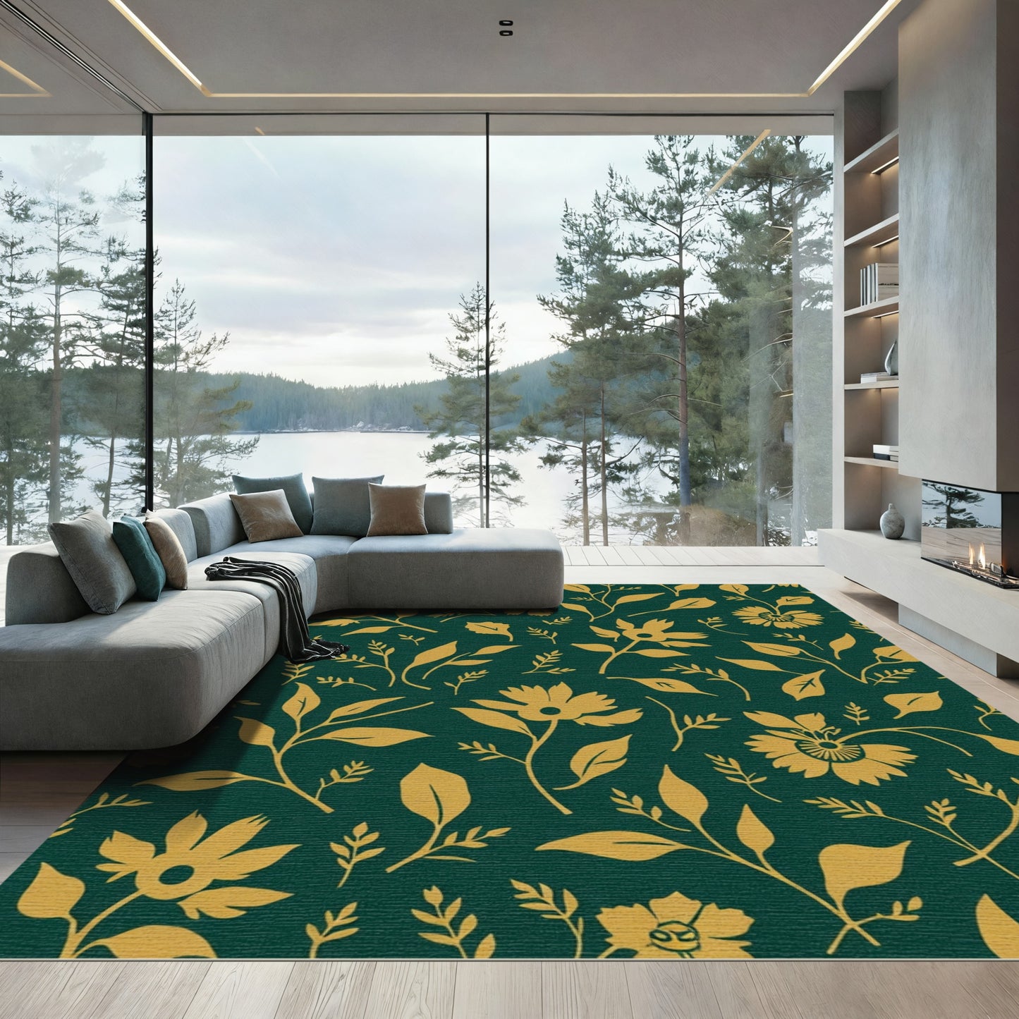 Golden Floral Vines on Deep Emerald Rug
