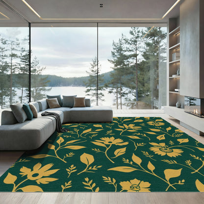 Golden Floral Vines on Deep Emerald Rug