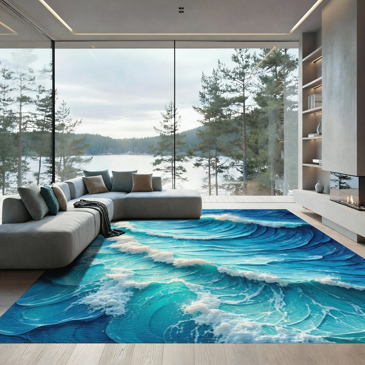Vibrant Blue Crashing Waves Rug