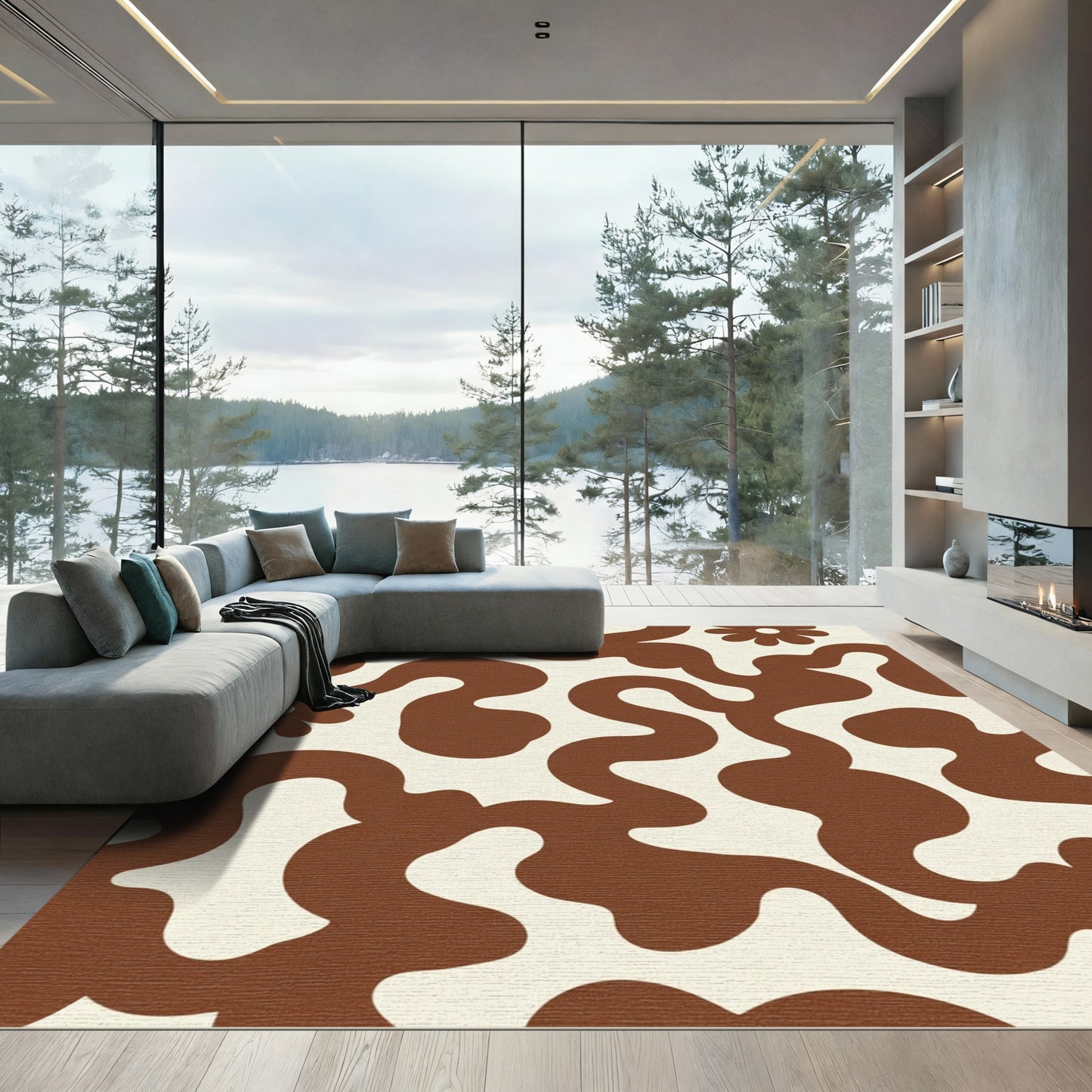 Retro Brown Swirl Flower Rug