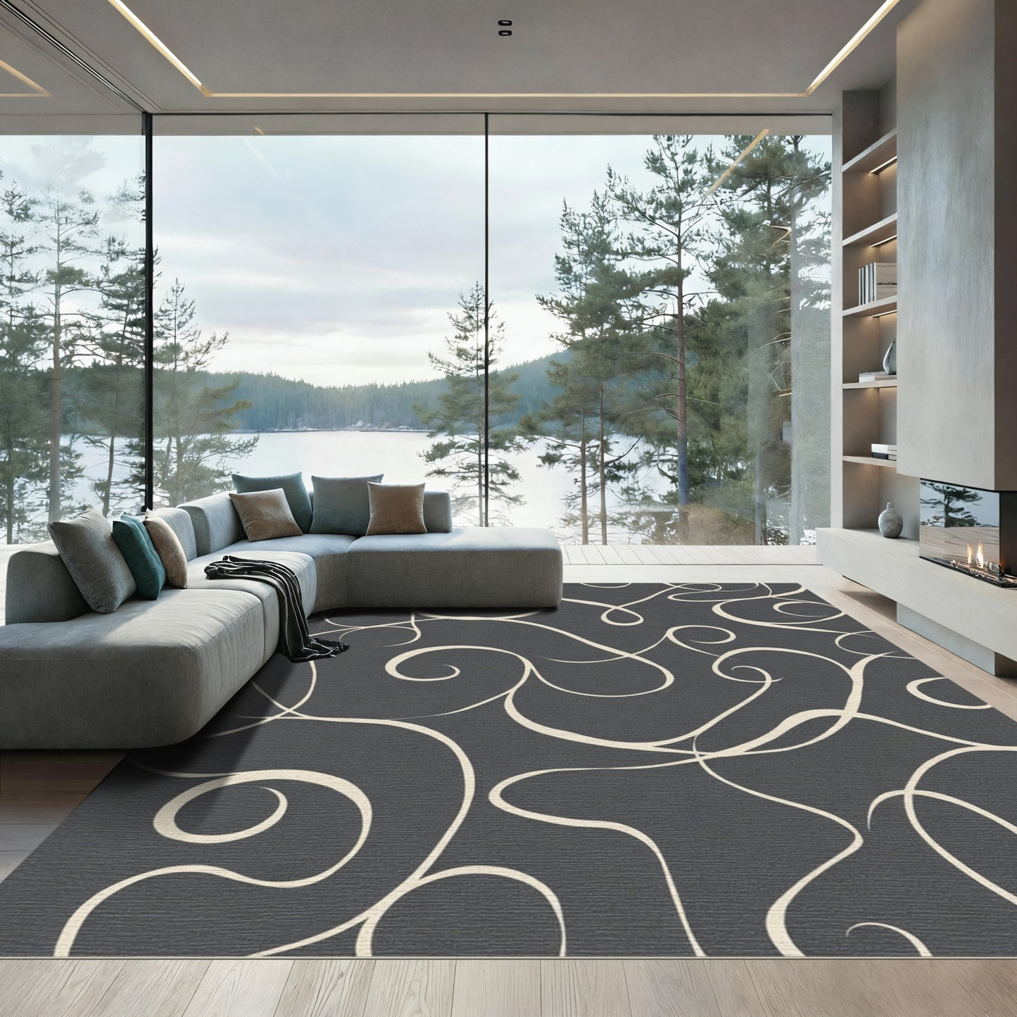 Cream Swirls on Charcoal Background Rug
