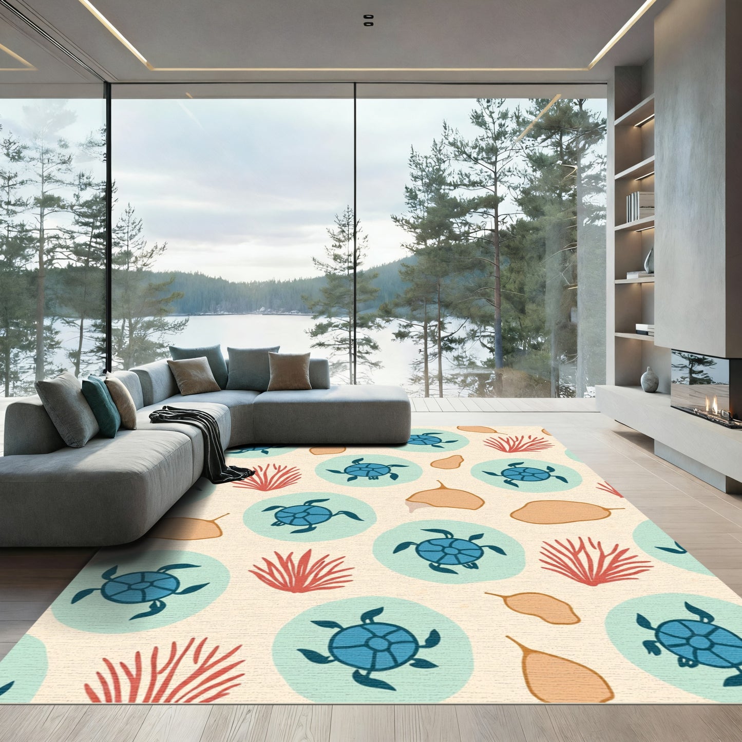 Blue Sea Turtle Coral Pattern Rug