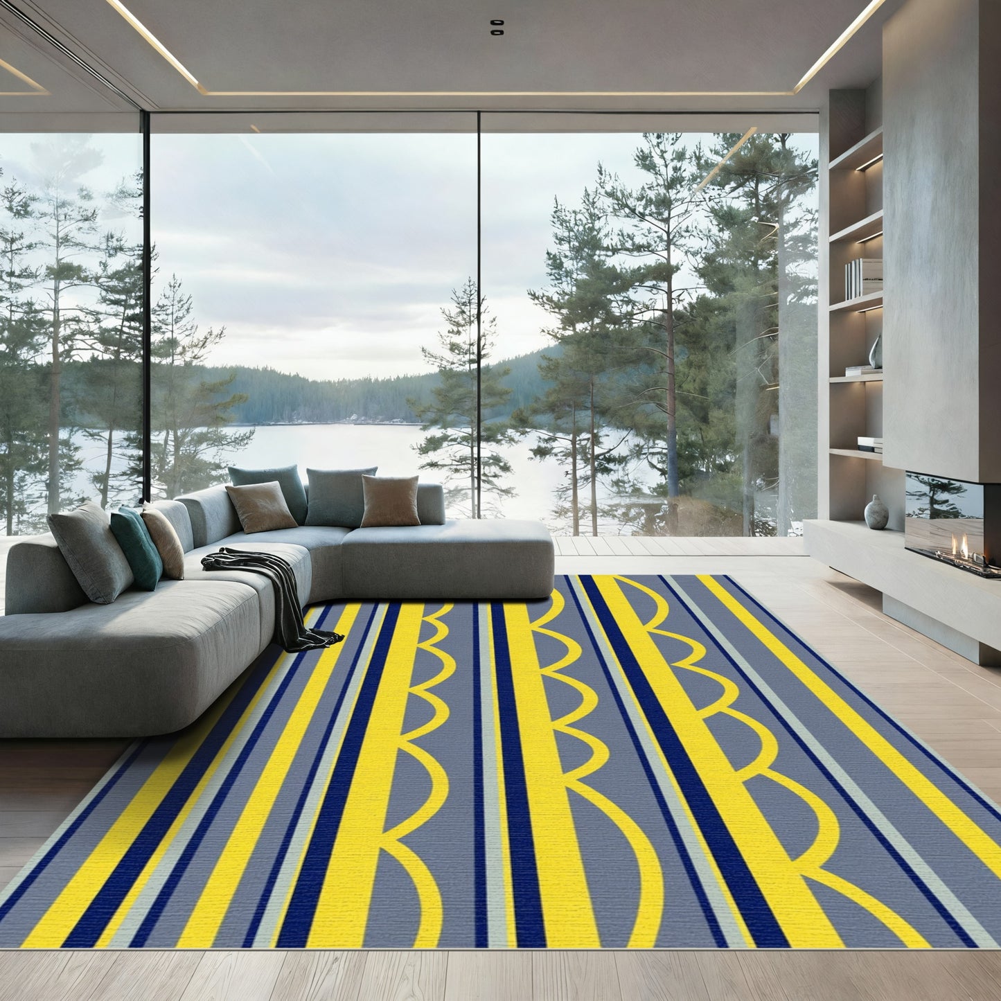 Bold Yellow Navy Grey Stripes Rug