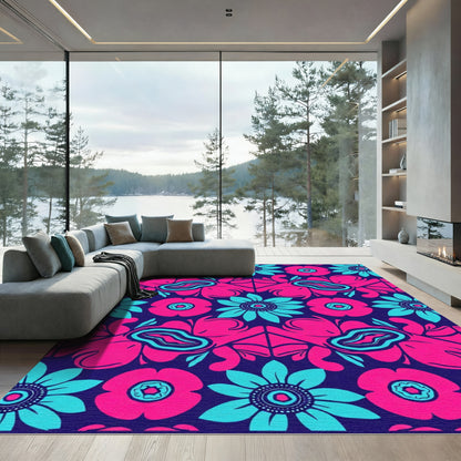 Vibrant Floral Symmetry Midnight Rug