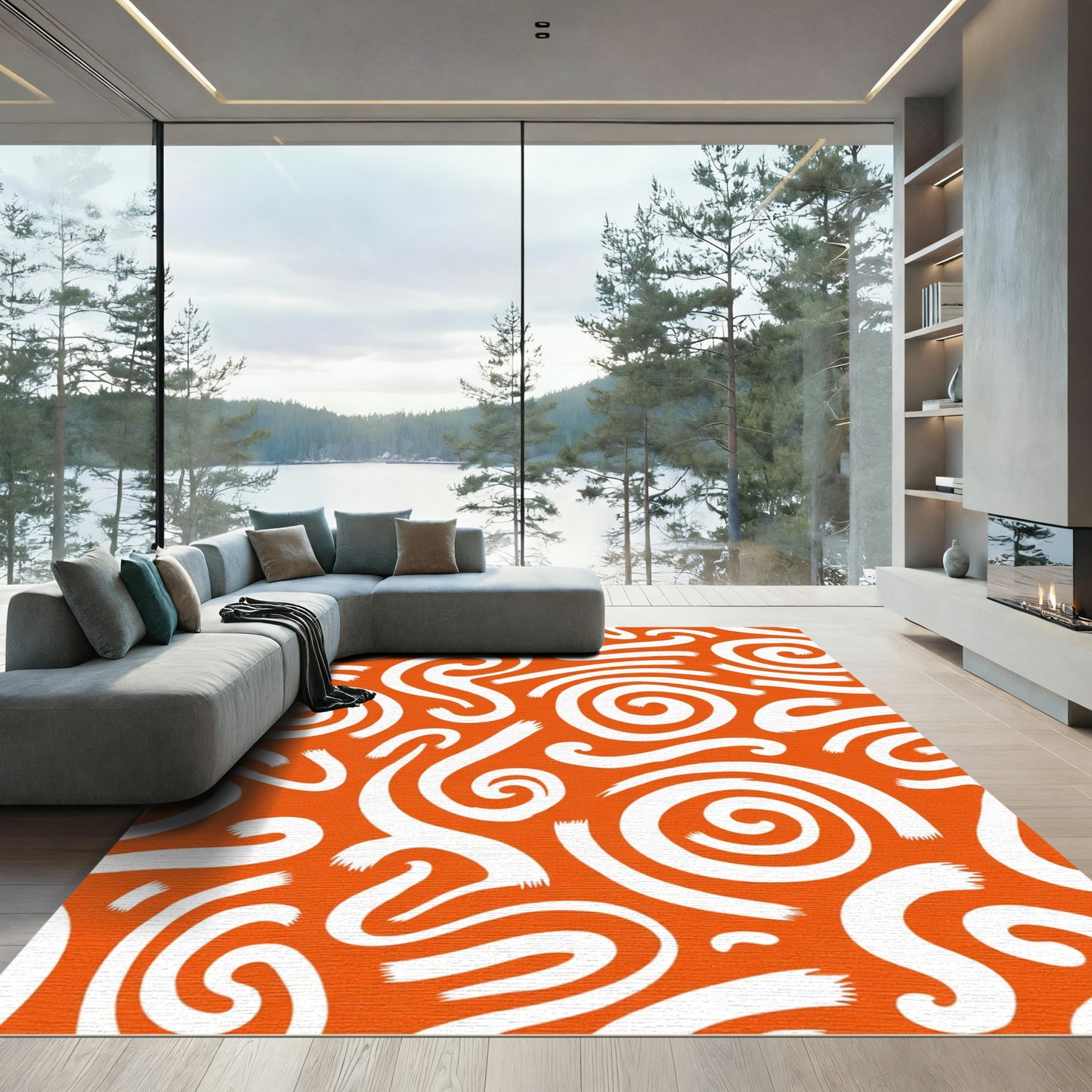 Orange and White Swirl Brushstroke Rug