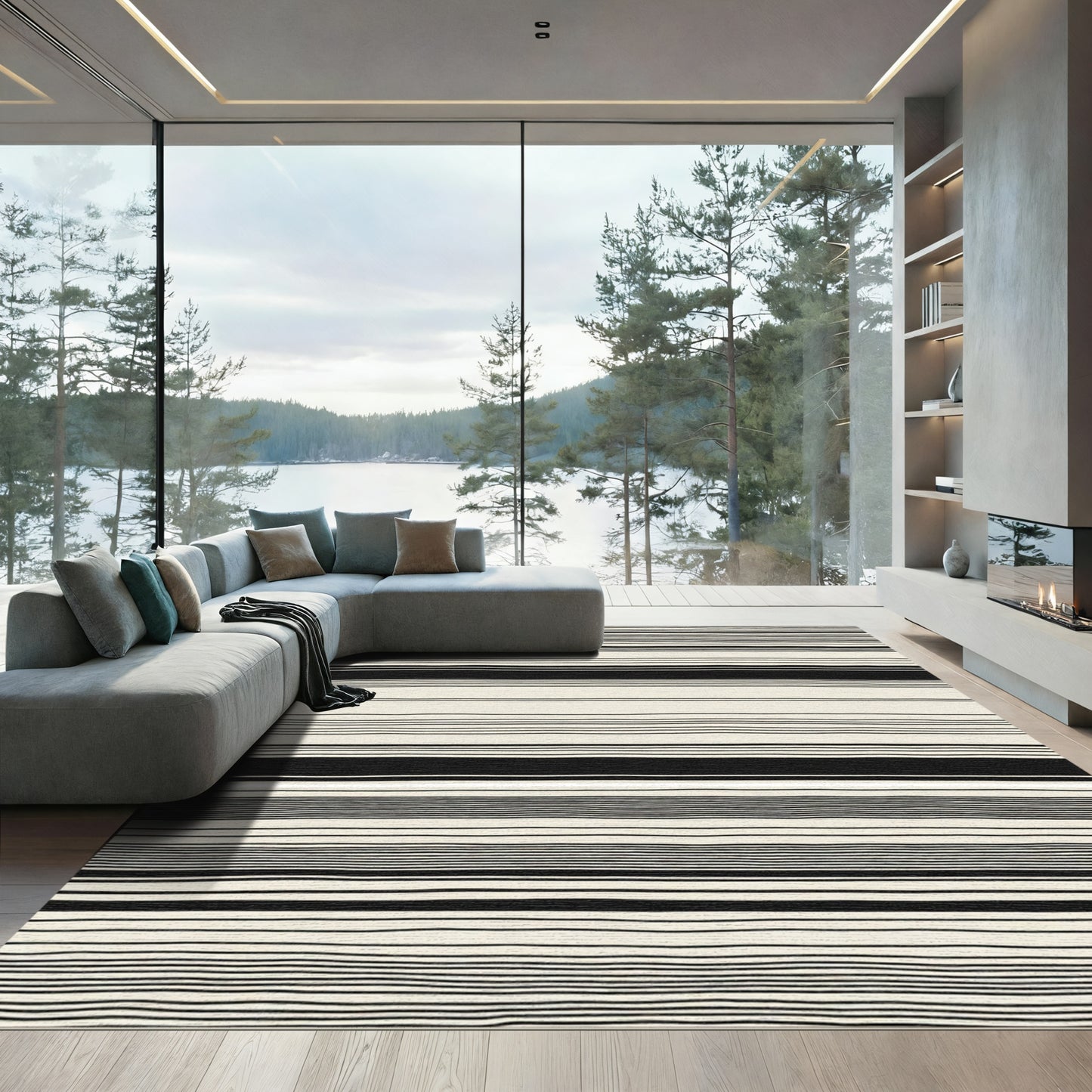 Black Cream Irregular Stripe Rug
