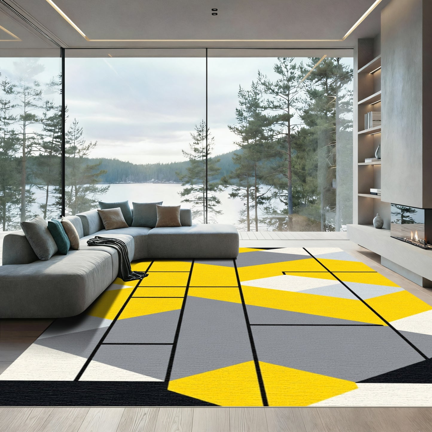 Bold Yellow Gray Geometric Composition Rug