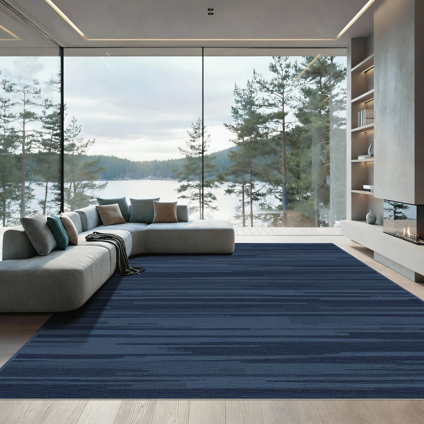 Deep Blue Horizontal Stripe Texture Rug