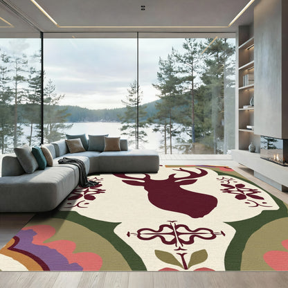 Deep Red Deer Head Motif Rug