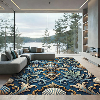 Ornate Blue Scallop Acanthus Scroll Rug