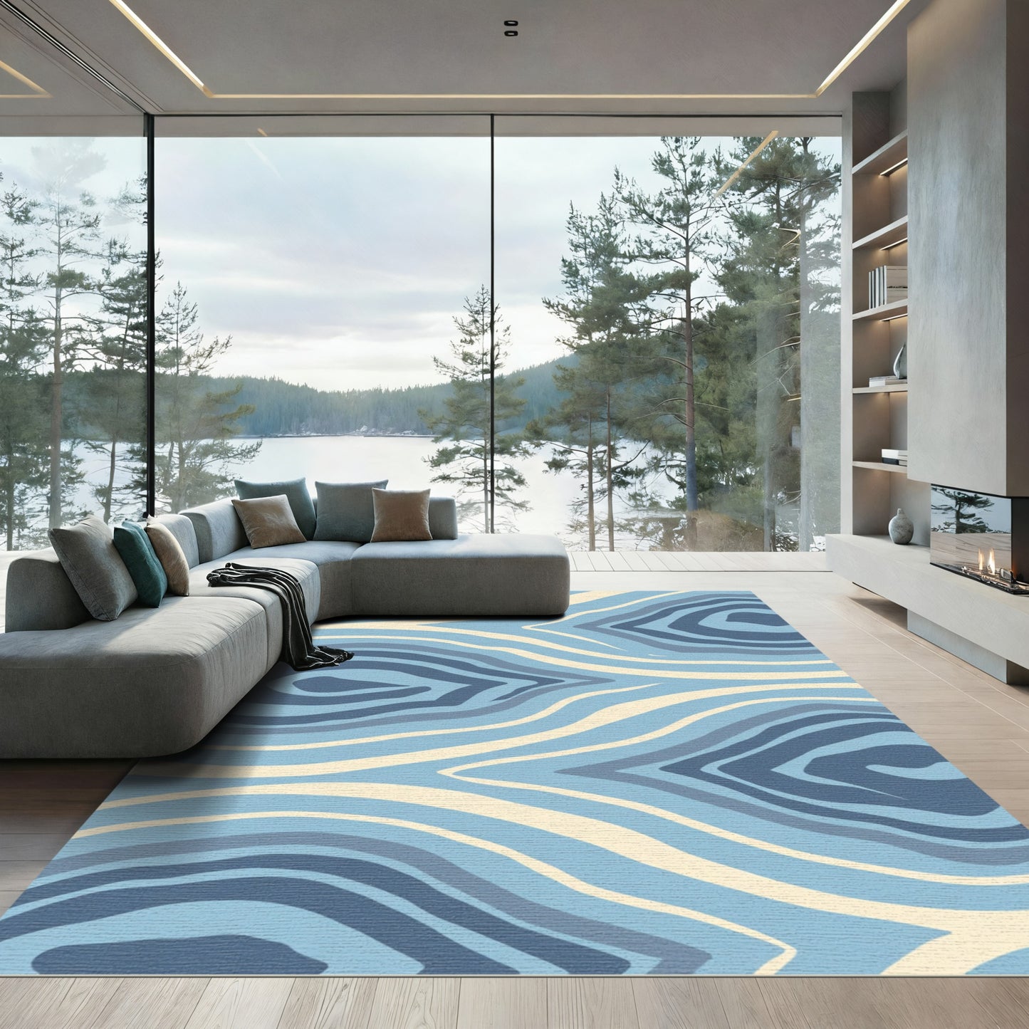 Blue Cream Abstract Organic Wave Rug