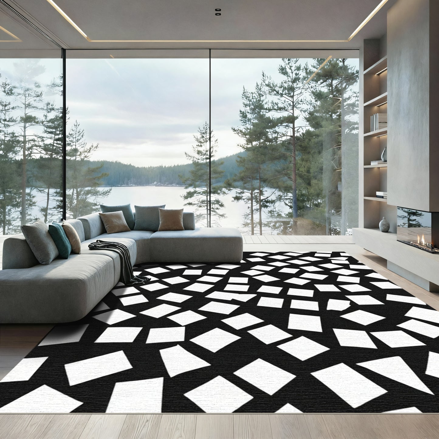 Scattered White Squares Black Background Rug