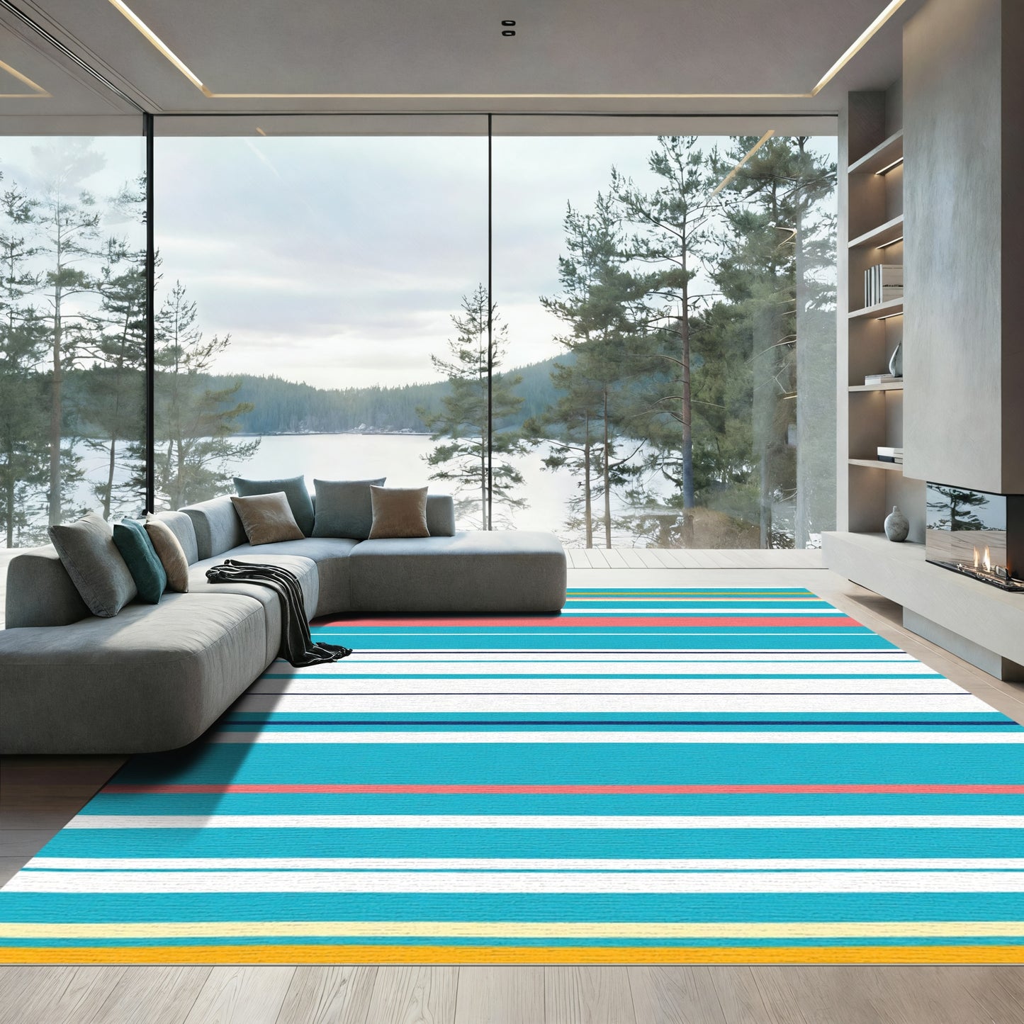 Coastal Turquoise Coral Stripe Rug