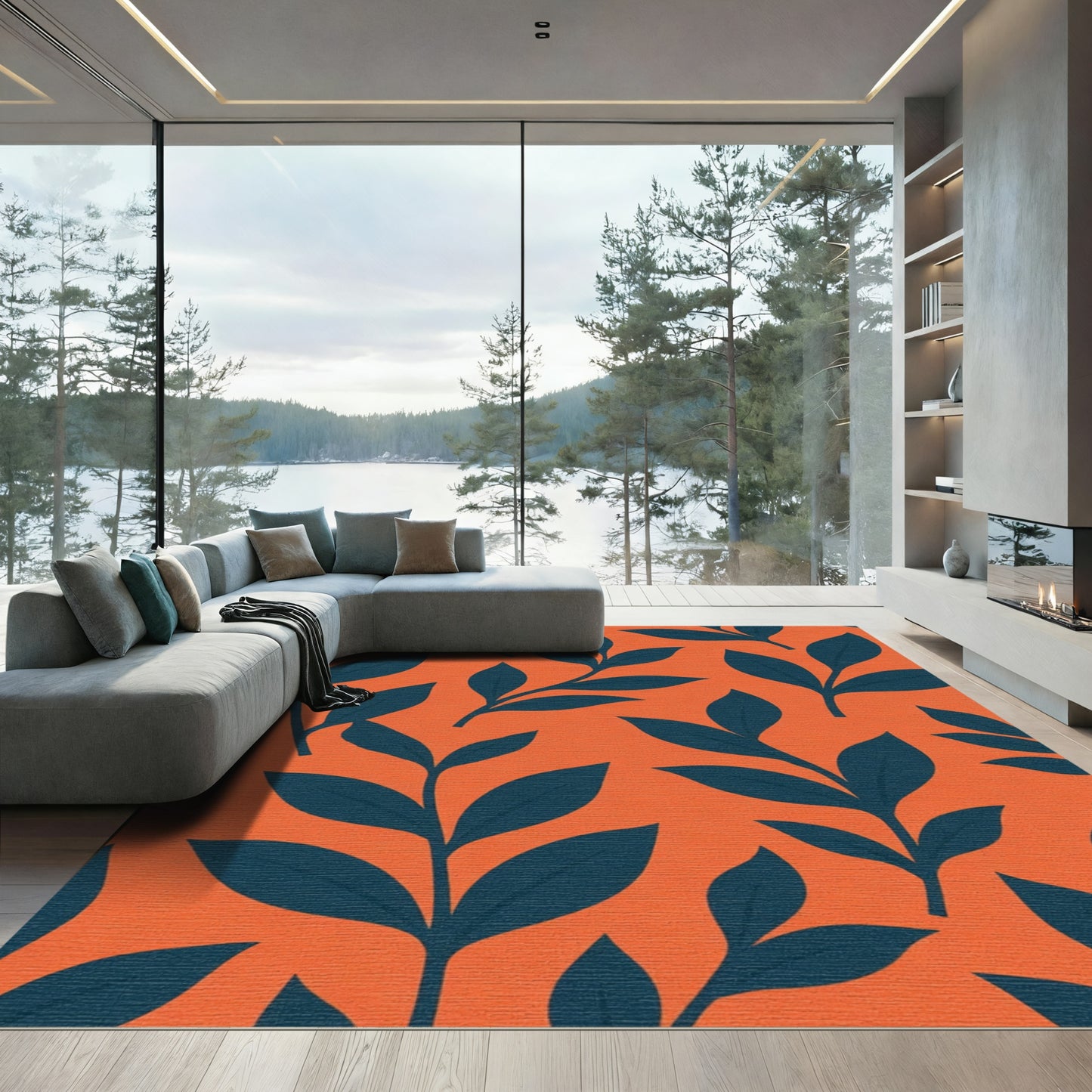 Terracotta Blue Green Leaf Arrangement Rug