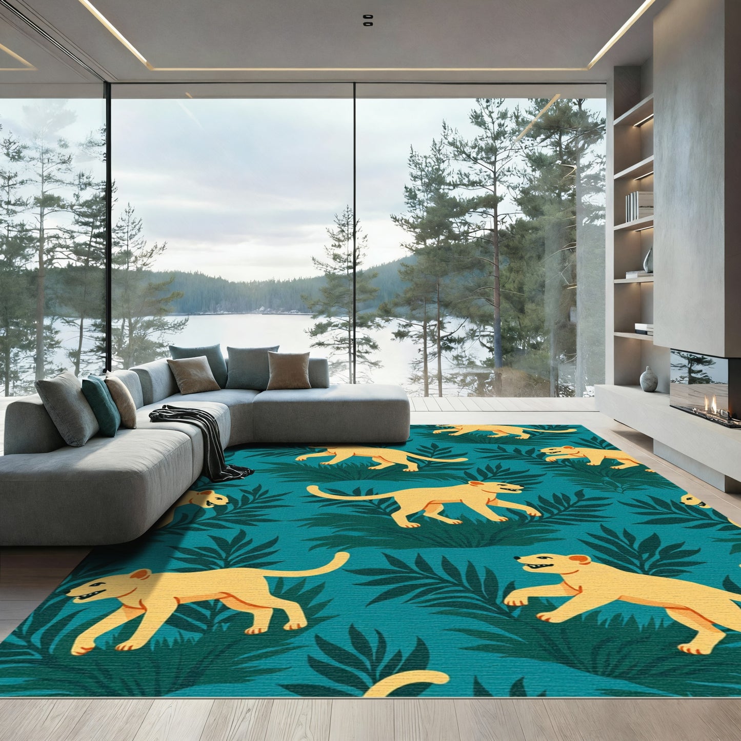 Golden Lions Tropical Teal Background Rug