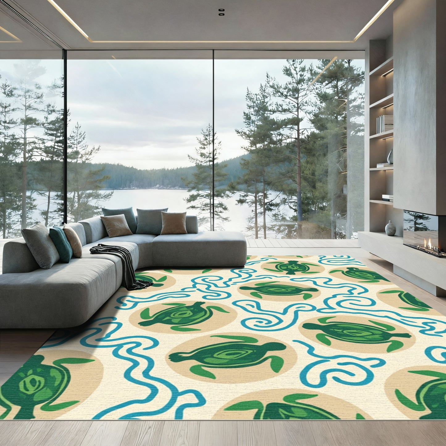 Green Turtle Waves Cream Rug